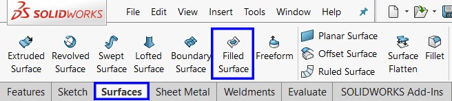 ورود به دستور Filled Surface در تب سرفیس نرمافزار سالیدورک